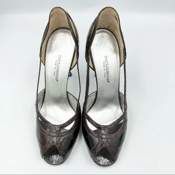 Dolce & Gabbana Croc Embossed Brown Leather Heels With Dust Bag EU36.5/US6.5 - Picture 3 of 10